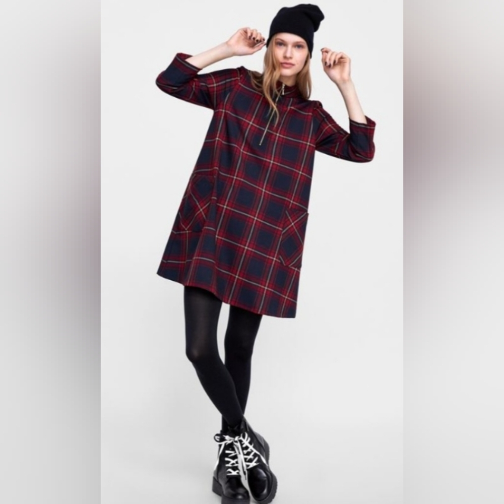 Zara Plaid A-Line Swing Dress Size Medium Red Blue NEW NWT